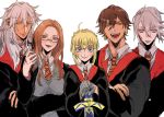  3boys ahoge artoria_pendragon_(all) blonde_hair blue_eyes blush braid breasts brown_hair closed_mouth collared_shirt commentary_request dark_skin earrings excalibur facial_mark fate/grand_order fate_(series) french_braid glasses green_eyes harry_potter highres hogwarts_school_uniform holding holding_sword holding_weapon jewelry karna_(fate) large_breasts leonardo_da_vinci_(fate/grand_order) looking_at_viewer matching_outfit matimatio multiple_boys multiple_girls necktie open_mouth ozymandias_(fate) potion robe saber shirt siegfried_(fate) simple_background smile sword test_tube weapon white_background white_hair yellow_eyes 