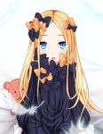  abigail_williams_(fate/grand_order) ai(4522167) bangs bed_sheet black_bow black_dress blonde_hair blue_background blue_eyes blurry blurry_foreground blush bow commentary_request depth_of_field dress eyebrows_visible_through_hair fate/grand_order fate_(series) feathers forehead hair_bow long_hair long_sleeves looking_at_viewer no_hat no_headwear orange_bow parted_bangs parted_lips polka_dot polka_dot_bow sitting sleeves_past_fingers sleeves_past_wrists solo stuffed_animal stuffed_toy teddy_bear transparent very_long_hair 