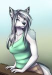  2018 5_fingers anthro black_nose breasts canine clothed clothing digital_media_(artwork) female grey_eyes grey_hair hair hiredclaws mammal solo standing wolf 