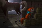  2018 balto_(film) canine day detailed_background digital_media_(artwork) dog duo equine feral fur green_eyes hooves horse inside mammal maya_(authordc) orange_fur raining sitting standing white_fur x-zelfa 