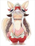  animated anthro blush brown_fur clothed clothing cub dagasi female flat_chested fur hair hi_res hollow_(species) lagomorph looking_at_viewer made_in_abyss mammal nanachi open_mouth simple_background solo topless whiskers white_background white_hair yellow_eyes young 