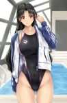  arena_(company) black_hair black_swimsuit blurry brown_eyes commentary_request competition_swimsuit covered_navel cowboy_shot depth_of_field groin highleg highleg_swimsuit indoors jacket long_hair looking_at_viewer multicolored multicolored_clothes multicolored_jacket one-piece_swimsuit original pool rei_no_pool solo standing swimsuit yukitaka 