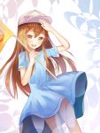  :d absurdres baseball_cap blue_dress brown_eyes brown_hair dress dutch_angle flag floating_hair hair_between_eyes hat hataraku_saibou highres holding holding_flag long_hair looking_at_viewer open_mouth platelet_(hataraku_saibou) shiny shiny_hair short_dress short_sleeves smile smile2007h solo standing very_long_hair white_hat 