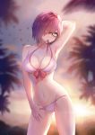  backlighting bikini black-framed_eyewear blurry blurry_background bow breasts cleavage collarbone contrapposto fate/grand_order fate_(series) glasses groin hair_over_one_eye hand_behind_head highres large_breasts looking_at_viewer mash_kyrielight mouth_hold navel necoring862 outdoors purple_eyes purple_hair red_bow short_hair solo standing swimsuit untied untied_bikini white_bikini 