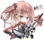  ar-15 bag black_footwear black_jacket blue_eyes blush boots brown_hair character_name chibi closed_mouth commentary_request full_body girls_frontline gun hair_ornament holding holding_gun holding_weapon jacket kotatu_(akaki01aoki00) looking_at_viewer looking_back neck_ribbon object_namesake red_ribbon red_scarf ribbon rifle scarf shoe_soles shoulder_bag simple_background solo st_ar-15_(girls_frontline) thighhighs twintails weapon white_background white_legwear 