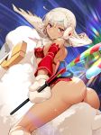  altera_(fate) altera_the_santa ass bangs blunt_bangs blush breasts choker dark_skin detached_sleeves earmuffs eyebrows_visible_through_hair fate/grand_order fate_(series) gloves hair_between_eyes hakka_(88hk88) headdress highres light_trail looking_at_viewer night night_sky outdoors photon_ray red_eyes revealing_clothes riding sheep short_hair sky small_breasts smile solo star_(sky) tan tattoo veil white_gloves white_hair 