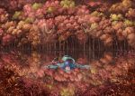  animal autumn bird blue_hair forest green_eyes mermaid nagi_(xx001122) reflection touhou tree wakasagihime water 
