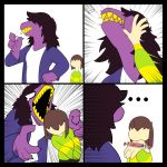  ... angry annoyed anthro bran-draws-things candy claws clothed clothing deltarune duo eating fangs food hair holding_object human jacket kris_(deltarune) mammal monster nails offering_(disambiguation) scalie sharp_teeth slap smarties susie_(deltarune) tears teeth 