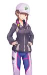  absurdres alternate_hair_length alternate_hairstyle bangs baseball_cap blue_bodysuit bodysuit brown_eyes brown_hair collarbone d.va_(overwatch) grey_hat grey_jacket hands_on_hips hat headphones headphones_around_neck highres jacket long_sleeves looking_at_viewer open_mouth overwatch shooting_star_d.va short_hair sidelocks simple_background solo standing swept_bangs white_background yul0760 zipper 