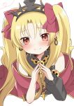  bad_id bad_pixiv_id bangs bare_shoulders black_sleeves blonde_hair blush bow cape closed_mouth commentary_request detached_sleeves earrings ereshkigal_(fate/grand_order) eyebrows_visible_through_hair fate/grand_order fate_(series) fingernails fingers_together hair_between_eyes hair_bow hands_up heart hikkii infinity jewelry long_hair long_sleeves parted_bangs puffy_long_sleeves puffy_sleeves red_bow red_cape red_eyes simple_background single_detached_sleeve skull sleeveless smile solo steepled_fingers tiara two_side_up white_background 
