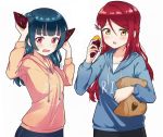  2girls blue_hair blush ceph_(greatyazawa1819) cropped fang food hoodie long_hair love_live!_school_idol_project love_live!_sunshine!! pink_eyes red_hair sakurauchi_riko tsushima_yoshiko white yellow_eyes 