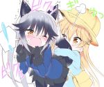  2girls animal_ears bag black_gloves black_legwear black_neckwear black_shirt black_skirt blazer blonde_hair blue_jacket blue_shirt blush bow bowtie brown_eyes clenched_hands commentary_request ezo_red_fox_(kemono_friends) fox_ears fox_tail gloves hat hug hug_from_behind jacket kemono_friends kindergarten_uniform leaning_forward long_hair moaning multiple_girls necktie one_eye_closed open_mouth pantyhose pleated_skirt school_hat shirt silver_fox_(kemono_friends) silver_hair simple_background skirt spoken_exclamation_mark surprised tail tail_hug takahashi_tetsuya upper_body white_background wince yellow_hat 