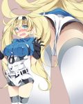  belt belt_buckle black_gloves blonde_hair blue_eyes blue_shirt blush breast_pocket breasts brown_background buckle buttons collared_shirt commentary_request eyebrows_visible_through_hair from_below gambier_bay_(kantai_collection) gloves hair_between_eyes highres kantai_collection large_breasts long_hair mtu_(orewamuzituda) multiple_views open_mouth pocket shirt short_sleeves simple_background thighhighs twintails white_legwear 