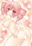  1girl ahoge arched_back areolae ass blush breasts censored cum drill_hair eyebrows_visible_through_hair highres kasane_teto large_breasts looking_at_viewer looking_back medium_hair nipples nude open_mouth partially_visible_vulva red_eyes red_hair solo standing tattoo traditional_media twin_drills twintails utau waitan1729 