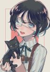  :d bangs black_cat black_hair blue_eyes blue_shirt bow bowtie buttons cat collared_shirt eyepatch green_bow green_neckwear green_ribbon hair_between_eyes hands_up highlights highres holding holding_cat kirudai looking_at_viewer male_focus multicolored_hair neck_ribbon open_mouth original ribbon round_teeth shirt short_hair smile solo striped striped_shirt teeth vertical-striped_shirt vertical_stripes white_eyepatch wing_collar 