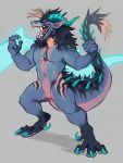  2018 5_fingers anthro beard bigroundlion black_hair dragon facial_hair featureless_crotch hair horn male navel nude open_mouth sharp_teeth simple_background solo standing teeth tongue 