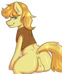  anus balls bottomless braeburn_(mlp) butt clothed clothing digital_media_(artwork) equine friendship_is_magic horse looking_back male mammal my_little_pony pony secrets-from-dark simple_background smile solo vest white_background 