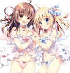  :d babydoll blonde_hair blue_eyes blush bow bow_panties braid brown_hair cameltoe collarbone commentary_request finger_to_mouth hair_ornament holding_hands medium_hair multiple_girls navel open_mouth orange_eyes original pan_(mimi) panties see-through smile underwear wings 
