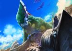  battle blood cloud cutting day death fight fighting flying gamera_(series) giant_monster guiron guro gyaos kaijuu monster mountain planet purple_blood sky space space_gyaos tokusatsu wings 