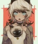  :o animal_ears arms_up black_choker blue_eyes cat cat_ears chestnut_mouth choker grey_shirt highres holding holding_cat jewelry kirudai long_sleeves looking_at_viewer matching open_mouth original pendant shirt slit_pupils solo white_hair 
