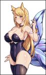  ahri animal_ear_fluff animal_ears bare_shoulders black_border blonde_hair blush border breasts choker cleavage closed_mouth commentary_request covered_navel fox_ears fox_tail half-closed_eyes hand_up heart heart_choker highres idol k/da_(league_of_legends) k/da_ahri korean_commentary large_breasts league_of_legends leotard looking_at_viewer minieon_kiugi revision shiny shiny_skin simple_background solo standing tail thighhighs whisker_markings white_background yellow_eyes 