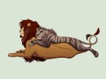  2017 ahote black_nose blue_eyes brown_fur brown_hair digital_media_(artwork) duo feline fur grey_fur hair katja lion mammal paws simple_background tiger x-zelfa yellow_sclera 