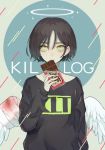  arm_at_side arm_up bangs black_shirt blood bloody_wings chocolate_bar commentary english_commentary feathered_wings green_eyes halo highres kirudai long_bangs long_sleeves looking_at_viewer male_focus original shirt short_hair solo spread_wings white_wings wings 