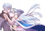  1girl anastasia_(fate/grand_order) bangs blue_cloak blue_eyes brown_hairband cape commentary_request doll dress eyebrows_visible_through_hair fate/grand_order fate_(series) fur_trim hairband hand_on_another's_shoulder holding holding_doll holding_hands kadoc_zemlupus long_hair silver_hair simple_background smile tsengyun very_long_hair white_background white_dress yellow_eyes 