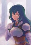  1girl armor artist_name breastplate elbow_gloves fire_emblem fire_emblem:_seisen_no_keifu fury_(fire_emblem) gloves green_eyes green_hair hand_up long_hair looking_at_viewer parted_lips pauldrons smile solo upper_body 