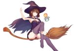 absurdres black_cape black_dress black_hat breasts broom broom_riding brown_hair cape cleavage dress eyebrows_visible_through_hair halloween halloween_costume hat highres katou_megumi looking_at_viewer medium_breasts parted_lips pleated_dress pumpkin purple_legwear red_eyes saenai_heroine_no_sodatekata short_dress short_hair sideboob simple_background sleeveless sleeveless_dress solo striped striped_dress thighhighs white_background witch witch_hat yul0760 
