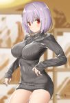  artist_name bangs blurry blurry_background breasts commentary_request cowboy_shot dress grey_dress grey_sweater hair_between_eyes impossible_clothes large_breasts lavender_hair looking_at_viewer red_eyes ribbed_sweater shinjou_akane short_hair solo ssss.gridman sweater sweater_dress turtleneck turtleneck_sweater twitter_username tyone 