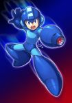  arm_cannon blue_eyes commentary_request full_body gradient gradient_background helmet hi-go! male_focus open_mouth outstretched_arms rockman rockman_(character) rockman_(classic) rockman_11 signature simple_background solo weapon 