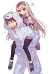  1girl =_= animal_costume bear_costume carrying chocoan cosplay costume emiya_shirou fate/grand_order fate/stay_night fate_(series) grey_hair hairband illyasviel_von_einzbern long_hair musical_note namesake pajamas piggyback red_eyes red_hair ribbon shirou_(fate/grand_order) shirou_(fate/grand_order)_(cosplay) sitonai smile spoken_musical_note sweatdrop translated 