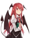  absurdres book collar commentary_request demon_tail demon_wings head_wings highres holding holding_book kani_nyan koakuma long_hair looking_at_viewer necktie parted_lips pointy_ears red_eyes red_hair red_neckwear simple_background solo tail touhou upper_body very_long_hair white_background white_collar wings 