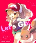  ;d ayumi_(pokemon) backpack bag bangs baseball_cap blush breasts brown_eyes brown_hair brown_shirt clenched_hand commentary_request eevee eyebrows_visible_through_hair gen_1_pokemon green_shorts hair_between_eyes hand_up hat head_tilt kouu_hiyoyo long_hair one_eye_closed open_mouth outstretched_arm pokemon pokemon_(creature) pokemon_(game) pokemon_lgpe ponytail puffy_short_sleeves puffy_sleeves red_background red_hat shirt short_shorts short_sleeves shorts small_breasts smile twitter_username 