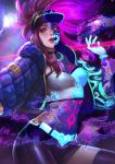  abigail_diaz akali baseball_cap bracelet breasts choker cleavage hat highres idol jacket jewelry k/da_(league_of_legends) k/da_akali league_of_legends makeup mask midriff navel ponytail purple_hair solo ultraviolet_light yellow_eyes 