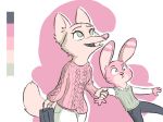  2018 anthro arctic_fox arm_grab bag canine clothed clothing disney duo ear_markings facial_markings female fox fur_markings holding_object jack_savage lagomorph male mammal markings rabbit restricted_palette simple_background skye_(zootopia) tggeko white_background zootopia 