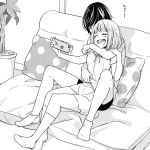  asagao_to_kase-san bangs blush casual cellphone closed_eyes commentary_request couch couple greyscale holding holding_cellphone holding_phone hug hug_from_behind kase_tomoka monochrome multiple_girls official_art open_mouth phone pillow plant polka_dot potted_plant self_shot short_hair short_shorts short_sleeves shorts sitting sitting_on_lap sitting_on_person socks takashima_hiromi yamada_yui yuri 