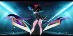  claws commentary dashiana english_commentary evelynn full_body high-waist_skirt highres idol k/da_(league_of_legends) k/da_evelynn league_of_legends lipstick makeup midriff purple_hair road round_eyewear skirt smile solo standing sunglasses tunnel 