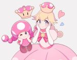  ;) blonde_hair bow braid crown dress elbow_gloves gloves grey_background grey_eyes heart kinu_(kinuhoshizora21) looking_at_viewer mario_(series) multiple_girls new_super_mario_bros._u_deluxe one_eye_closed peachette pink_bow pink_dress puffy_short_sleeves puffy_sleeves short_sleeves simple_background smile super_crown toadette twin_braids vest white_gloves 