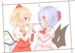  ? ascot bat_wings black_wings blonde_hair blue_hair blush brooch commentary_request crossed_arms crystal flandre_scarlet food from_side jewelry long_hair long_sleeves multiple_girls open_mouth pink_shirt pocky pointy_ears puffy_sleeves red_eyes red_neckwear red_skirt red_vest remilia_scarlet sakurea shirt siblings sisters skirt skirt_set smile touhou upper_body vest white_shirt wings yellow_neckwear 