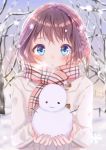  absurdres bare_tree blue_eyes blush braid french_braid grey_sky highres looking_at_viewer medium_hair open_mouth original outdoors pink_scarf plaid plaid_scarf potate scarf snow snowflakes snowing snowman solo standing tree upper_body white_coat 