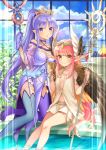  2girls :o anklet apple aqua_footwear armlet aunt_and_niece banana bangs bare_shoulders blue_sky boots bracelet breasts brown_eyes brown_wings caster_lily chalice choker circe_(fate/grand_order) cleavage closed_mouth cloud cloudy_sky collarbone commentary_request cup day dress eyebrows_visible_through_hair fate/grand_order fate_(series) feathered_wings food fruit gloves grapes hair_ornament hair_scrunchie halter_top halterneck head_wings high_heel_boots high_heels high_ponytail highres holding holding_cup holding_staff indoors jewelry kneeling lens_flare long_hair looking_at_viewer mismatched_footwear multiple_girls navel necklace off-shoulder_dress off_shoulder pelvic_curtain pink_hair pixiv_fate/grand_order_contest_2 plant plate pointy_ears ponytail purple_choker purple_dress purple_eyes purple_footwear purple_gloves purple_hair purple_scrunchie revision scrunchie see-through shiny shiny_hair shirt sidelocks sitting skirt sky sleeveless sleeveless_shirt small_breasts smile soaking_feet staff thigh_boots thighhighs thighlet tiara very_long_hair water white_shirt white_skirt window wings yumesaki 