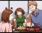  2girls bad_id bad_pixiv_id blue_shirt blush_stickers boku_no_hero_academia bottle breasts brown_eyes brown_hair chopsticks closed_eyes cup facial_hair father_and_daughter food green_shirt husband_and_wife laughing medium_breasts mother_and_daughter multiple_girls pink_shirt plate shirt short_eyebrows short_hair sidelocks stubble table uraraka_ochako uraraka_ochako's_father uraraka_ochako's_mother yagiushi_(sinnpatilove) 