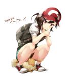  ayumi_(pokemon) bag baseball_cap blush brown_eyes brown_hair closed_eyes commentary_request eevee full_body gorilla_(bun0615) hat highres looking_at_viewer pokemon pokemon_(game) pokemon_lgpe ponytail puffy_short_sleeves puffy_sleeves shirt shoes short_shorts short_sleeves shorts simple_background sitting smile solo text_focus white_background 