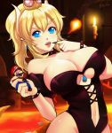  1girl bare_shoulders black_leotard black_nails blonde_hair blue_eyes bowsette bracelet breasts cleavage collar crown detached_sleeves earrings esther fangs finger_to_mouth gem giantess heart heart_eyes horns jewelry large_breasts leotard mario mario_(series) molten_rock nail_polish navel new_super_mario_bros._u_deluxe open_mouth pointy_ears ponytail short_sleeves spiked_bracelet spiked_collar spiked_tail spikes strapless strapless_leotard super_crown tail tongue tongue_out 