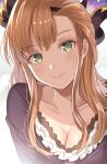  :} asymmetrical_bangs backlighting bangs black_hairband blush breast_squeeze breasts cleavage closed_mouth collarbone commentary_request frilled_shirt_collar frills granblue_fantasy green_eyes hair_ornament hairband head_tilt head_wings highres large_breasts lips long_hair long_sleeves looking_at_viewer myusha orange_hair purple_shirt shirt smile solo song_(granblue_fantasy) upper_body 