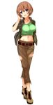  :d belt blue_eyes breasts brown_footwear brown_jacket brown_pants full_body green_shirt hand_up jacket jessie_garland large_breasts looking_at_viewer midriff navel official_art open_mouth pants patriarch_xtasy shirt short_hair smile solo standing torn_clothes torn_pants transparent_background 