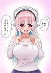  aqua_hair blush breasts commentary headphones highres implied_pregnancy large_breasts long_hair looking_at_viewer momoko_amatsuka multicolored_hair nitroplus open_mouth pink_eyes pink_hair pregnancy_test smile solo super_sonico translated two-tone_hair virtual_youtuber 