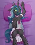 2018 changeling clitoral_hood clitoris clothing digital_media_(artwork) fangs fearingfun female feral friendship_is_magic green_eyes half-closed_eyes hi_res hole_(anatomy) horn lying my_little_pony open_mouth pillow pussy queen_chrysalis_(mlp) solo tongue tongue_out 